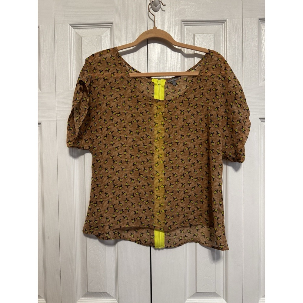 Charlotte Russe Y2K All Over Yellow Bird Print Sheer Mesh Lace Blouse Size Large